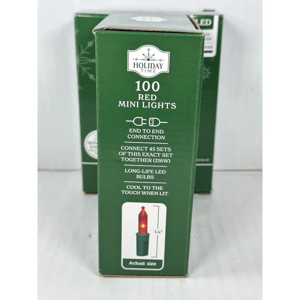 Lot Of 2 Holiday Time 100 Red Mini LED Christmas Lights Strand Green Wire NEW